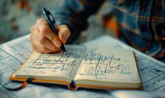A worker's hands writing in a notebook with blueprints in the background photo