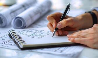 A worker's hands writing in a notebook with blueprints in the background photo