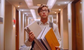 A young professional holding a stack of files, looking stressed and hurried in a corporate hallway photo