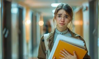 A young professional holding a stack of files, looking stressed and hurried in a corporate hallway photo