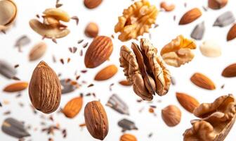 An array of nuts and seeds such as almonds, walnuts, and sunflower seeds flying in mid-air with a white background photo