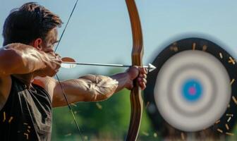 An archer's body aiming a bow, with the target in the background photo