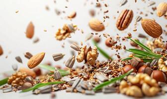 An array of nuts and seeds such as almonds, walnuts, and sunflower seeds flying in mid-air with a white background photo