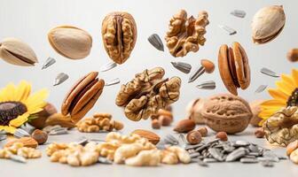 An array of nuts and seeds such as almonds, walnuts, and sunflower seeds flying in mid-air with a white background photo