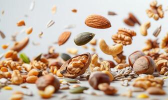 An array of nuts and seeds such as almonds, walnuts, and sunflower seeds flying in mid-air with a white background photo