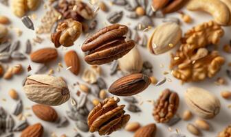 An array of nuts and seeds such as almonds, walnuts, and sunflower seeds flying in mid-air with a white background photo