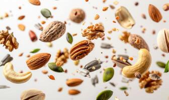 An array of nuts and seeds such as almonds, walnuts, and sunflower seeds flying in mid-air with a white background photo