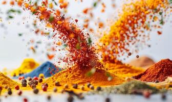 An assortment of vibrant spices like turmeric, paprika, and cumin floating in mid-air with a white background photo