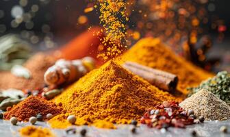 An assortment of vibrant spices like turmeric, paprika, and cumin floating in mid-air with a white background photo