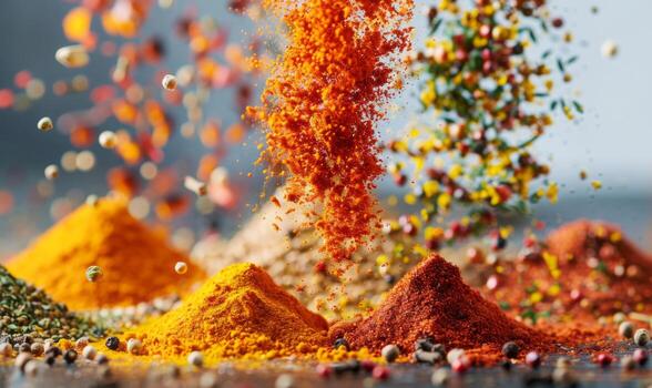 An assortment of vibrant spices like turmeric, paprika, and cumin floating in mid-air with a white background photo