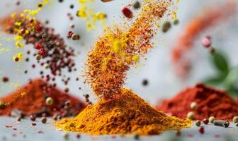 An assortment of vibrant spices like turmeric, paprika, and cumin floating in mid-air with a white background photo