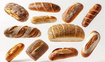 Different types of bread such as baguette, ciabatta, and sourdough floating in mid-air with a white background photo