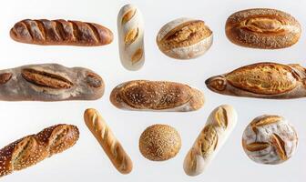 Different types of bread such as baguette, ciabatta, and sourdough floating in mid-air with a white background photo