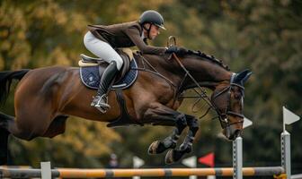 An equestrian rider's lower body and horse jumping over an obstacle photo
