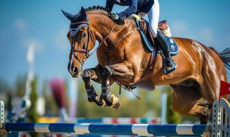 An equestrian rider's lower body and horse jumping over an obstacle photo