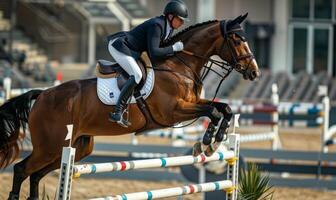 An equestrian rider's lower body and horse jumping over an obstacle photo