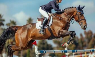 An equestrian rider's lower body and horse jumping over an obstacle photo