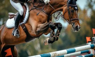 An equestrian rider's lower body and horse jumping over an obstacle photo