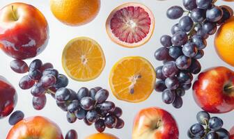 Fresh fruits such as apples, oranges, and grapes floating in mid-air with a white background photo