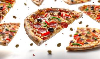 Slices of pizza with various toppings like pepperoni, olives, and bell peppers flying in mid-air with a white background photo