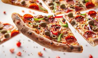 Slices of pizza with various toppings like pepperoni, olives, and bell peppers flying in mid-air with a white background photo