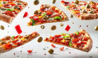 Slices of pizza with various toppings like pepperoni, olives, and bell peppers flying in mid-air with a white background photo