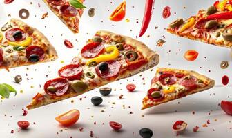 Slices of pizza with various toppings like pepperoni, olives, and bell peppers flying in mid-air with a white background photo