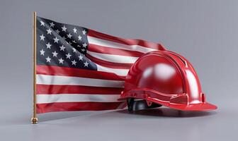 USA flag lay beside a hard hat for Labor Day photo