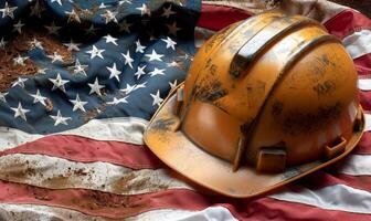 USA flag lay beside a hard hat for Labor Day photo