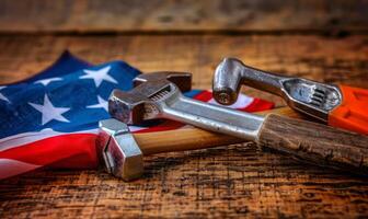 USA flag lay beside a hard hat for Labor Day photo