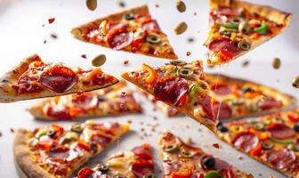 Slices of pizza with various toppings like pepperoni, olives, and bell peppers flying in mid-air with a white background photo