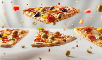 Slices of pizza with various toppings like pepperoni, olives, and bell peppers flying in mid-air with a white background photo