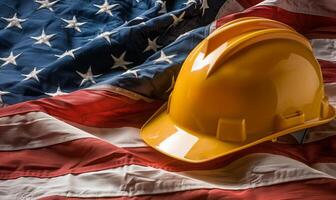 USA flag lay beside a hard hat for Labor Day photo
