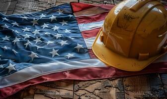 USA flag lay beside a hard hat for Labor Day photo