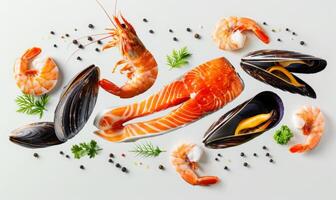Various seafood items like shrimp, salmon, and mussels floating in mid-air with a white background photo