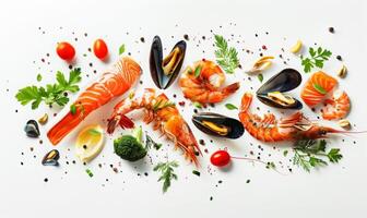 Various seafood items like shrimp, salmon, and mussels floating in mid-air with a white background photo