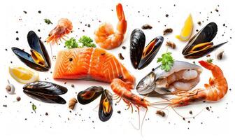 Various seafood items like shrimp, salmon, and mussels floating in mid-air with a white background photo