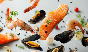 Various seafood items like shrimp, salmon, and mussels floating in mid-air with a white background photo