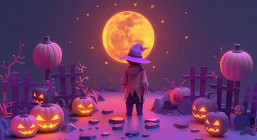 3D cartoon illustration of a Halloween night scene with a silhouetted scarecrow and a full moon, with plenty of space for a message photo