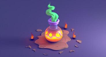 3D cartoon illustration of a bubbling potion bottle with green smoke swirling around, with a wide area of empty space for text photo