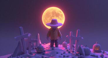 3D cartoon illustration of a Halloween night scene with a silhouetted scarecrow and a full moon, with plenty of space for a message photo