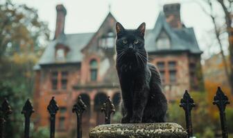 A black cat sitting on a fence with a creepy old mansion in the background, and space above for text photo