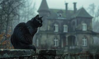 A black cat sitting on a fence with a creepy old mansion in the background, and space above for text photo