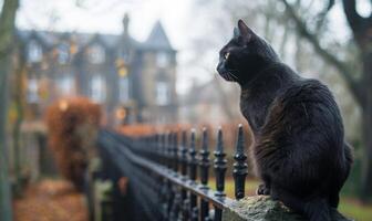 A black cat sitting on a fence with a creepy old mansion in the background, and space above for text photo