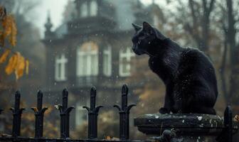 A black cat sitting on a fence with a creepy old mansion in the background, and space above for text photo