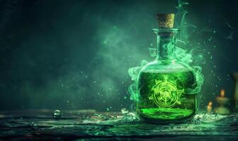 A bubbling potion bottle with glowing green liquid and mystical symbols around, leaving space on the left for a message photo