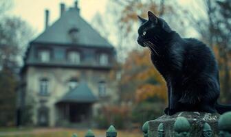 A black cat sitting on a fence with a creepy old mansion in the background, and space above for text photo