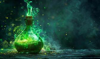 A bubbling potion bottle with glowing green liquid and mystical symbols around, leaving space on the left for a message photo