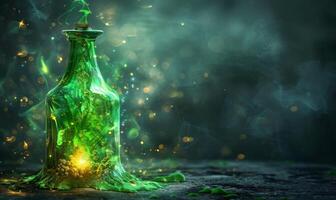 A bubbling potion bottle with glowing green liquid and mystical symbols around, leaving space on the left for a message photo