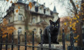 A black cat sitting on a fence with a creepy old mansion in the background, and space above for text photo